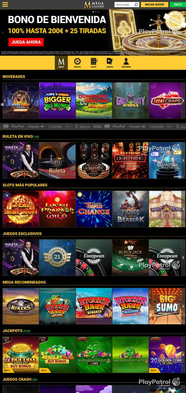 Capture of the front page of Mega Casinos (megacasinos.es) on 2 October 2026