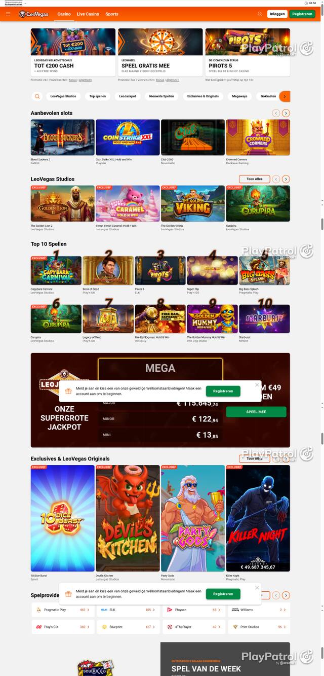 Capture of the front page of LeoVegas Casino Nederland (leovegas.nl) on 26 October 2026