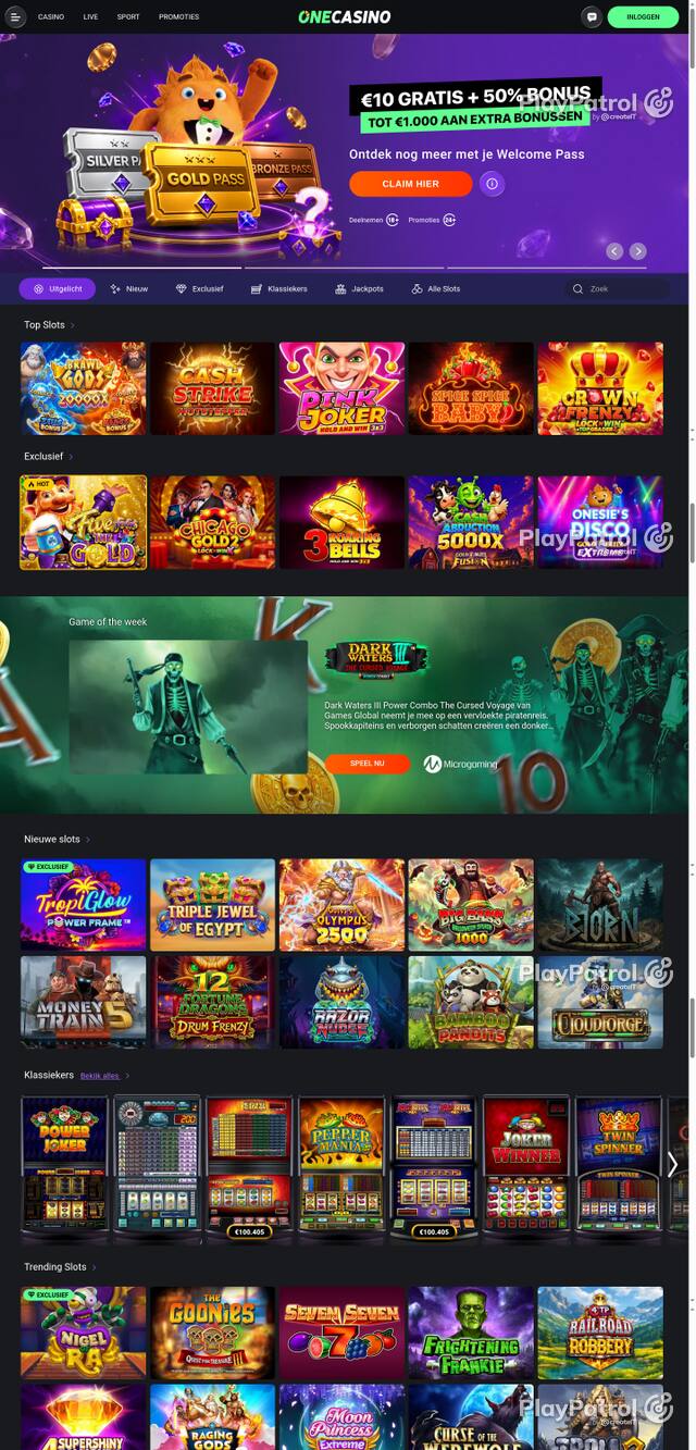 Capture of the front page of One Casino (nl.onecasino.com) on 12 October 2026