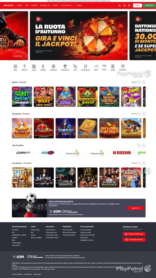 Capture of the front page of Sportium (sportium.it) on 2 October 2026