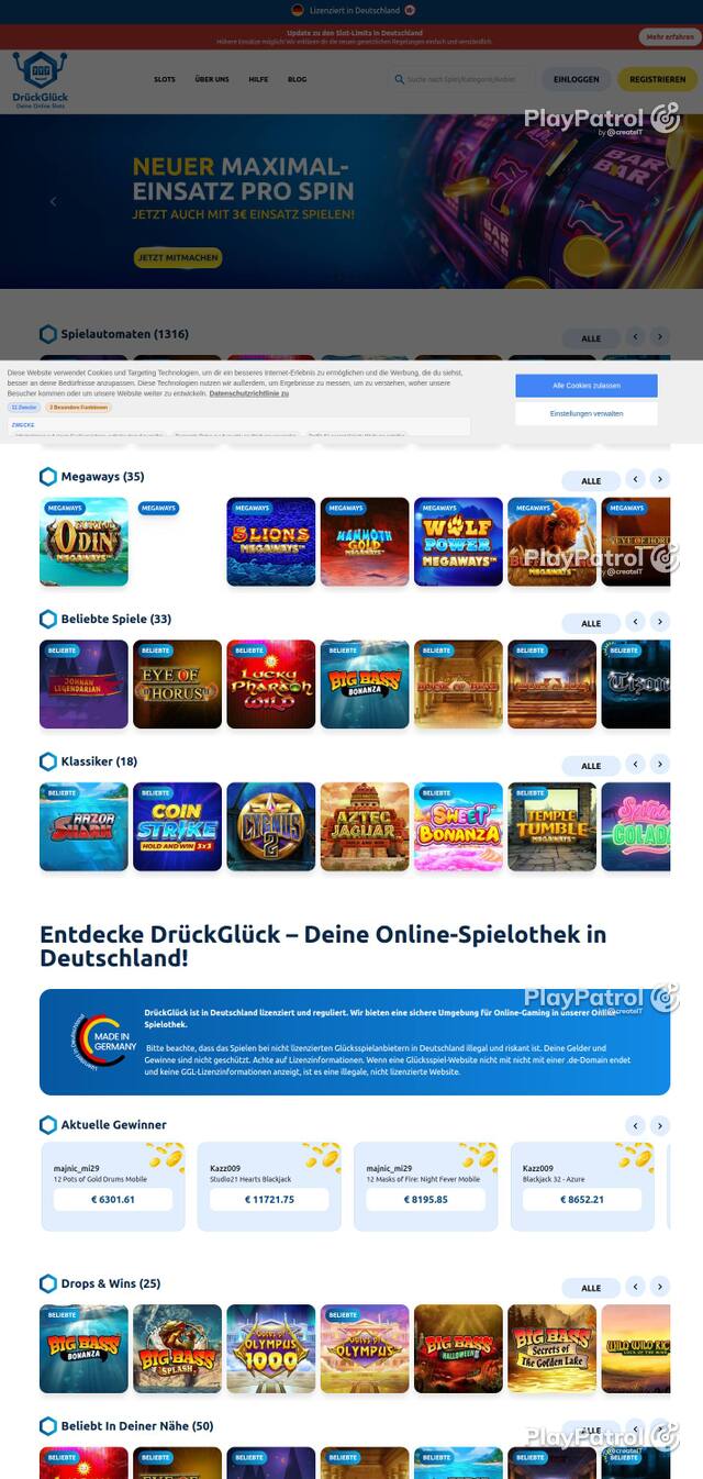 Capture of the front page of DrückGlück (drueckglueck.de) on 2 October 2026