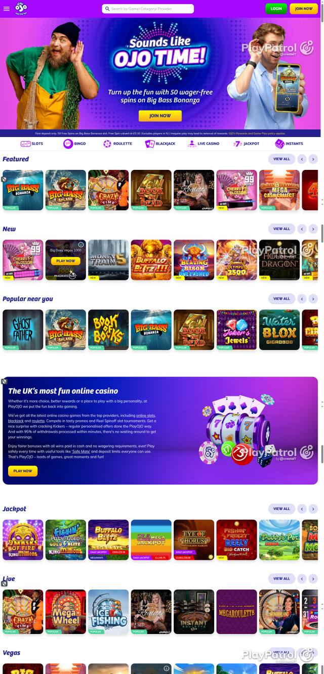 Capture of the front page of PlayOJO (playojo.com) on 9 October 2026