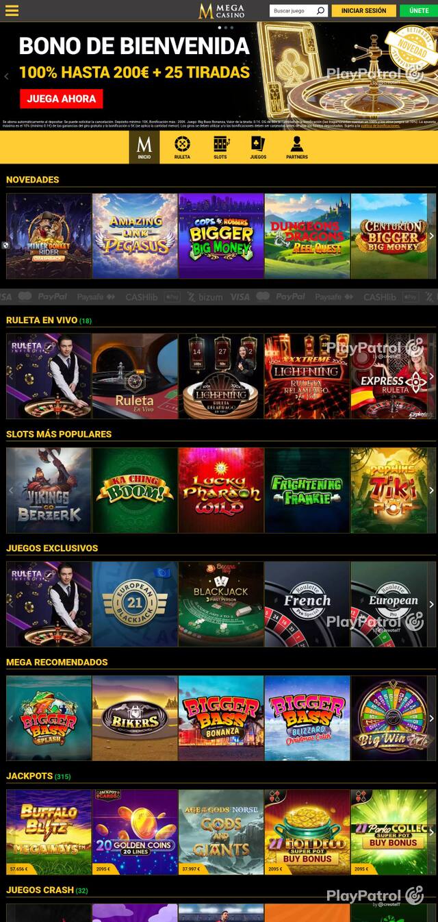 Capture of the front page of Mega Casinos (megacasinos.es) on 4 October 2026