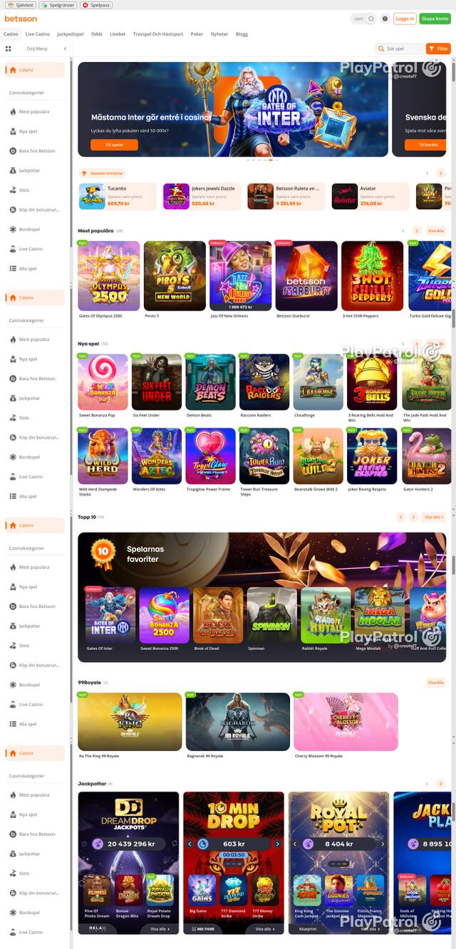 Capture of the front page of betsson.com (betsson.com) on 21 October 2026