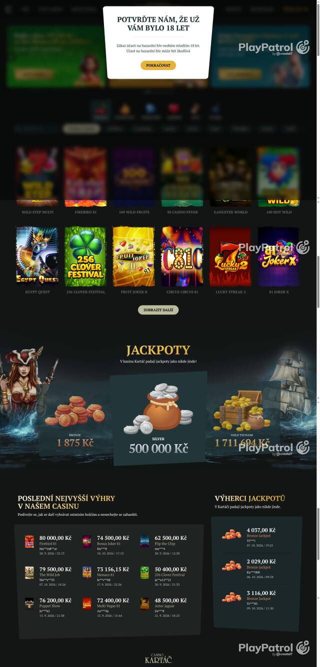 Capture of the front page of Casino Kartac (casino-kartac.cz) on 12 October 2026