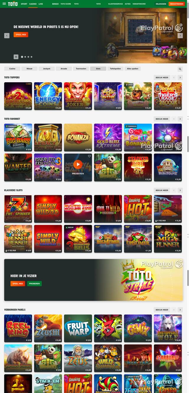 Capture of the front page of TOTO Casino (casino.toto.nl) on 25 October 2026