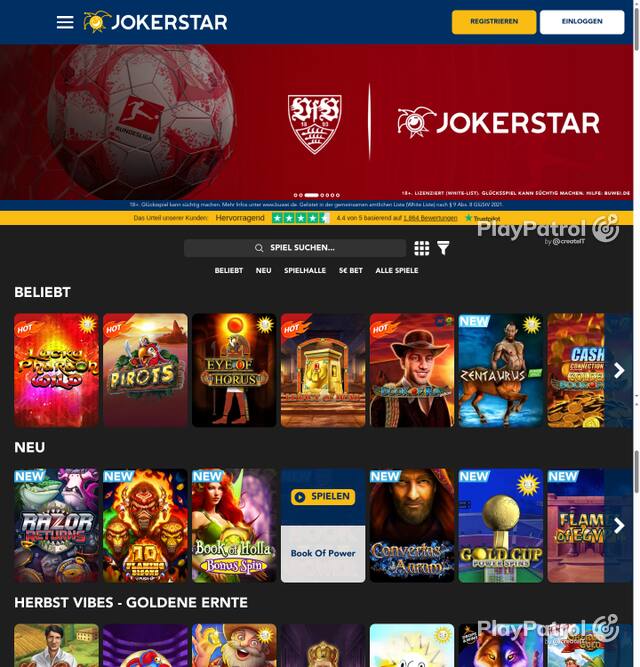 Capture of the front page of Jokerstar (jokerstar.de) on 5 October 2026
