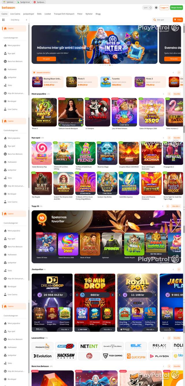 Front page of betsson.com as captured on 28 October 2026