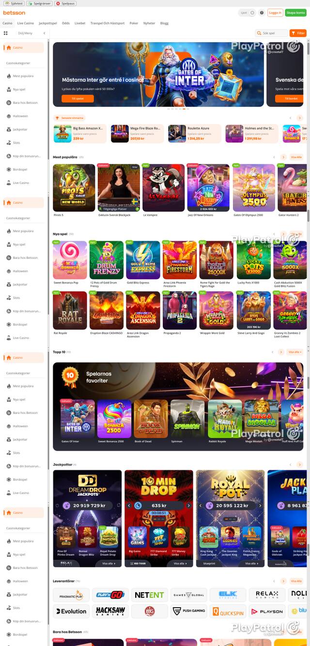 Front page of betsson.com as captured on 26 October 2026