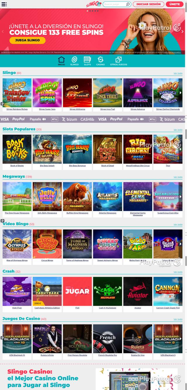 Capture of the front page of Slingo Casino (slingocasino.es) on 8 October 2026