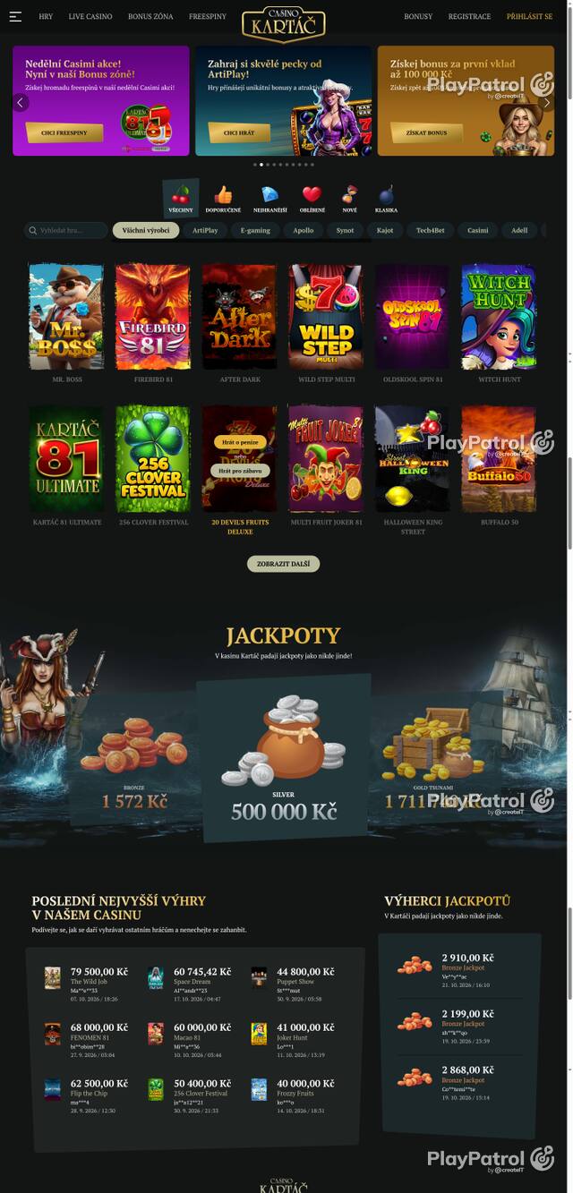 Capture of the front page of Casino Kartac (casino-kartac.cz) on 25 October 2026