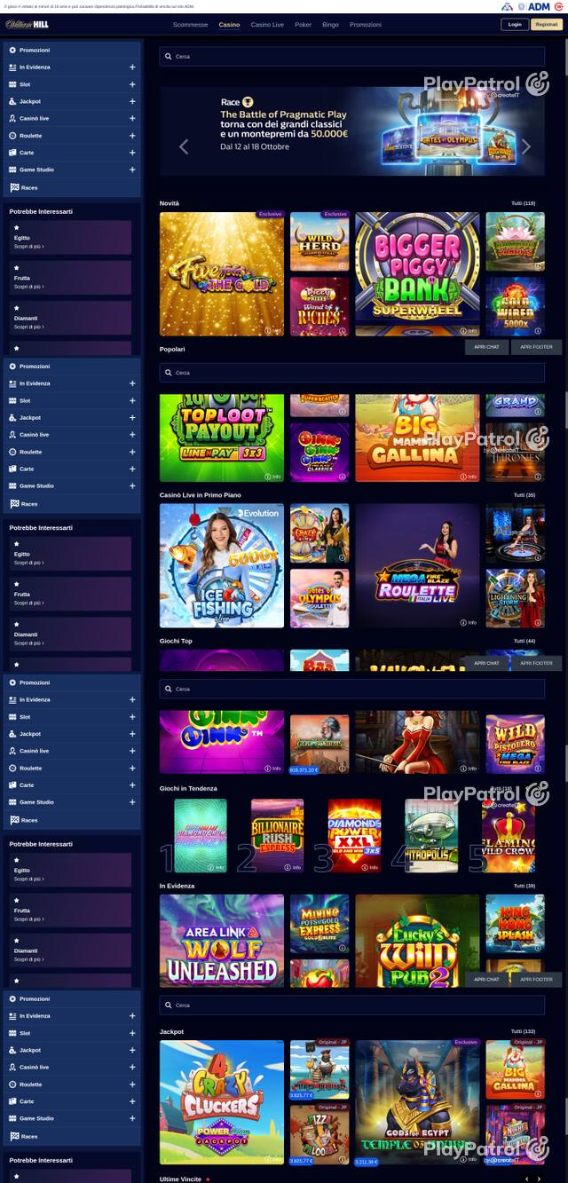 Capture of the front page of William Hill (casino.williamhill.it) on 17 October 2026
