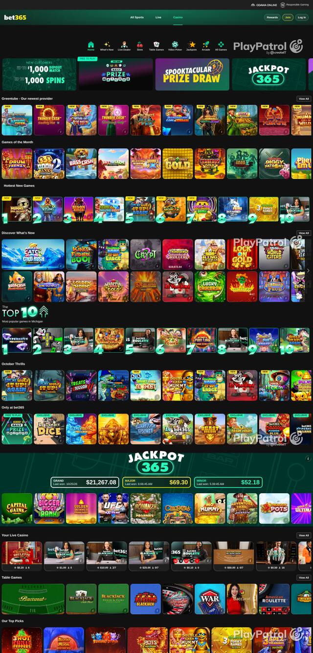 Front page of casino.mi.bet365.com as captured on 26 October 2026