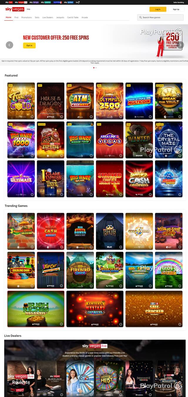 Homepage capture of Sky Vegas recorded during the scan