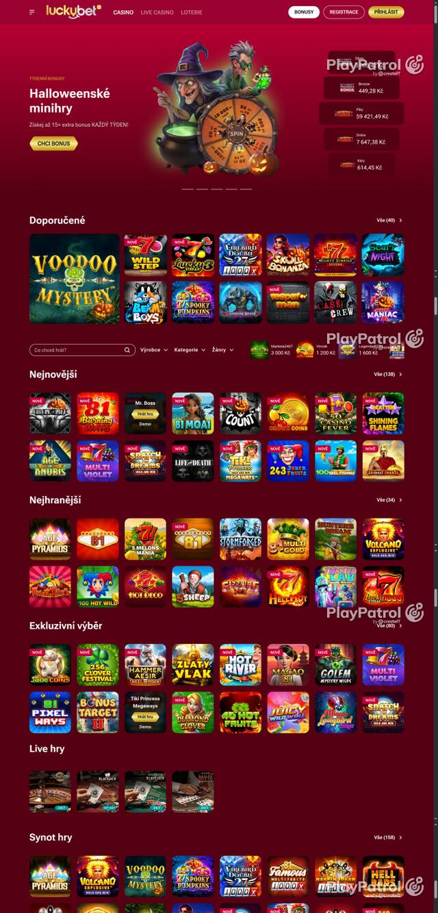 Capture of the front page of LuckyBet (luckybet.cz) on 24 October 2026