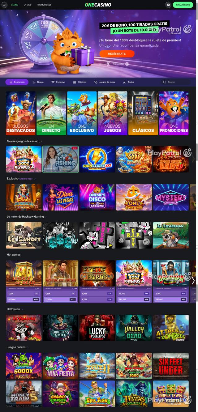 Capture of the front page of One Casino (onecasino.es) on 24 October 2026