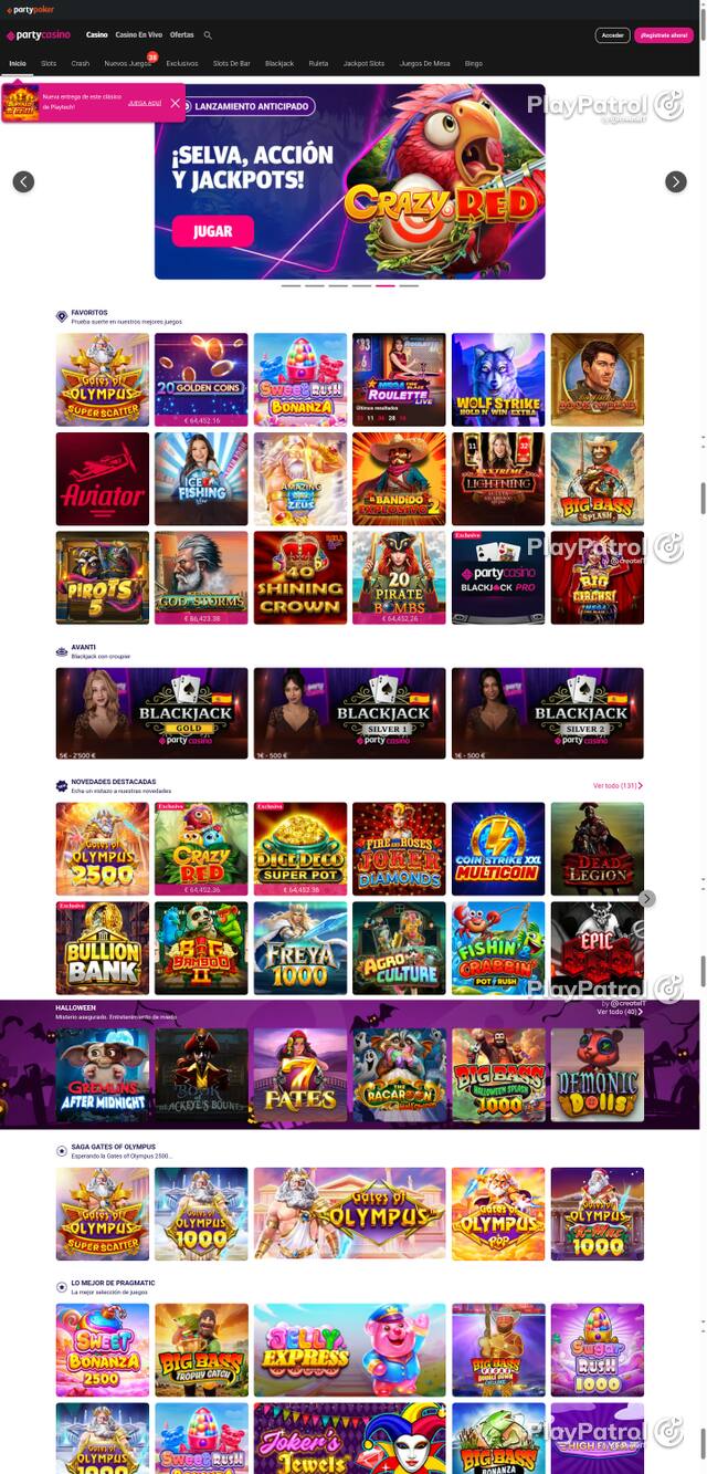 Capture of the front page of PartyCasino (partycasino.es) on 28 October 2026