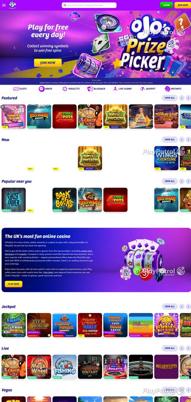 Homepage capture of PlayOJO recorded during the scan