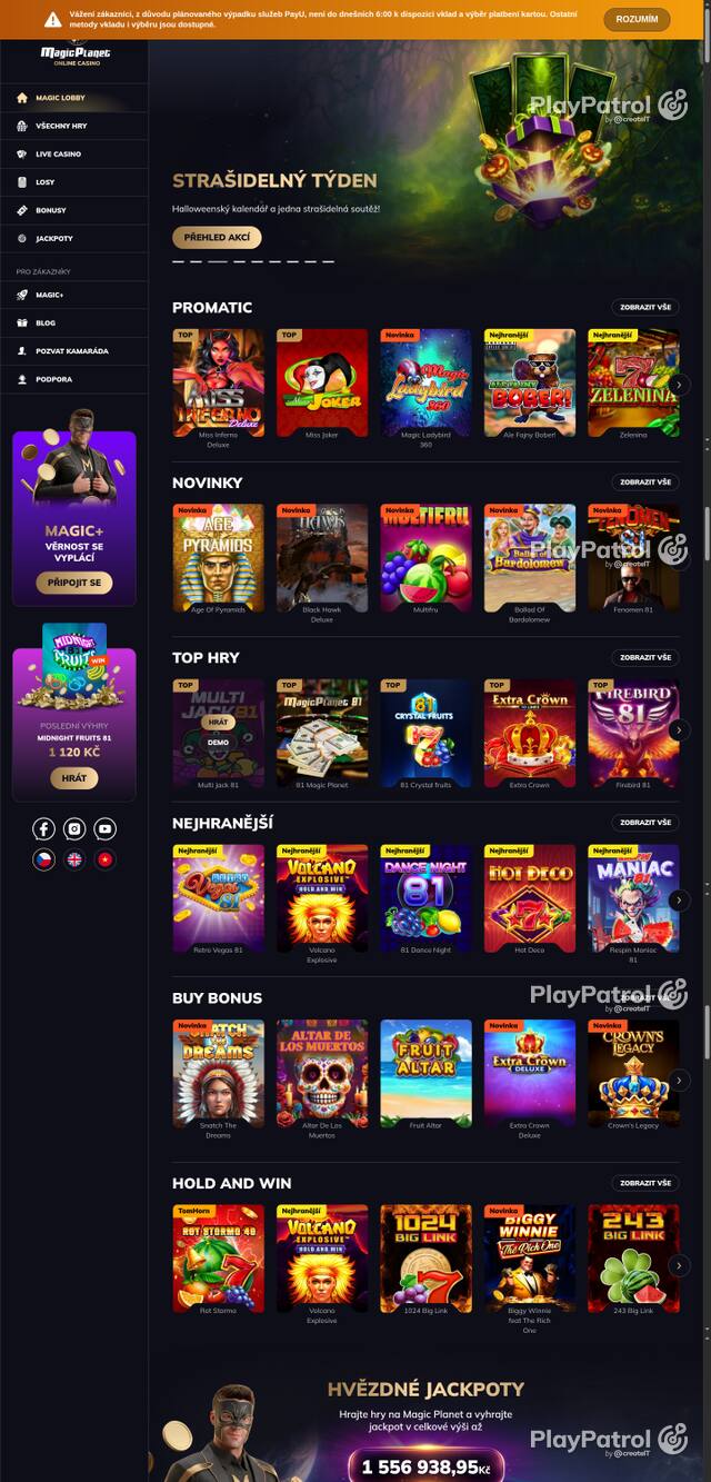 Capture of the front page of Magic Planet (magicplanet.cz) on 25 October 2026