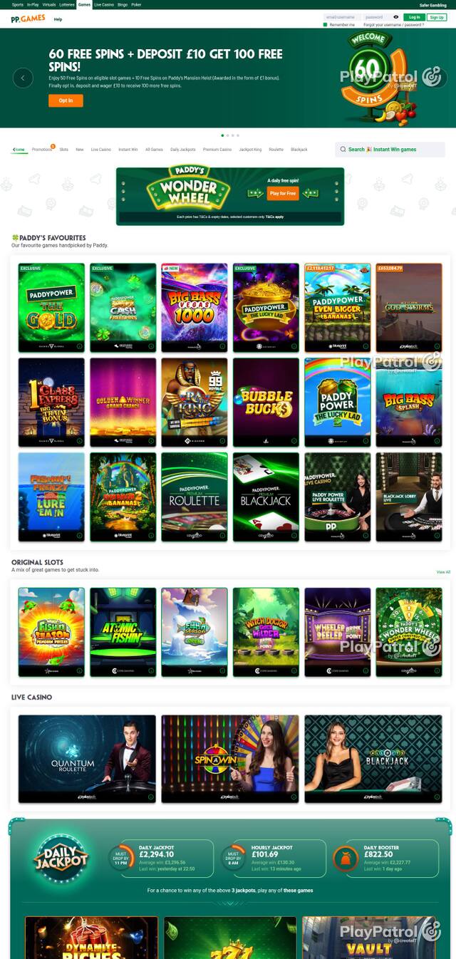 Homepage capture of Paddy Power Games recorded during the scan