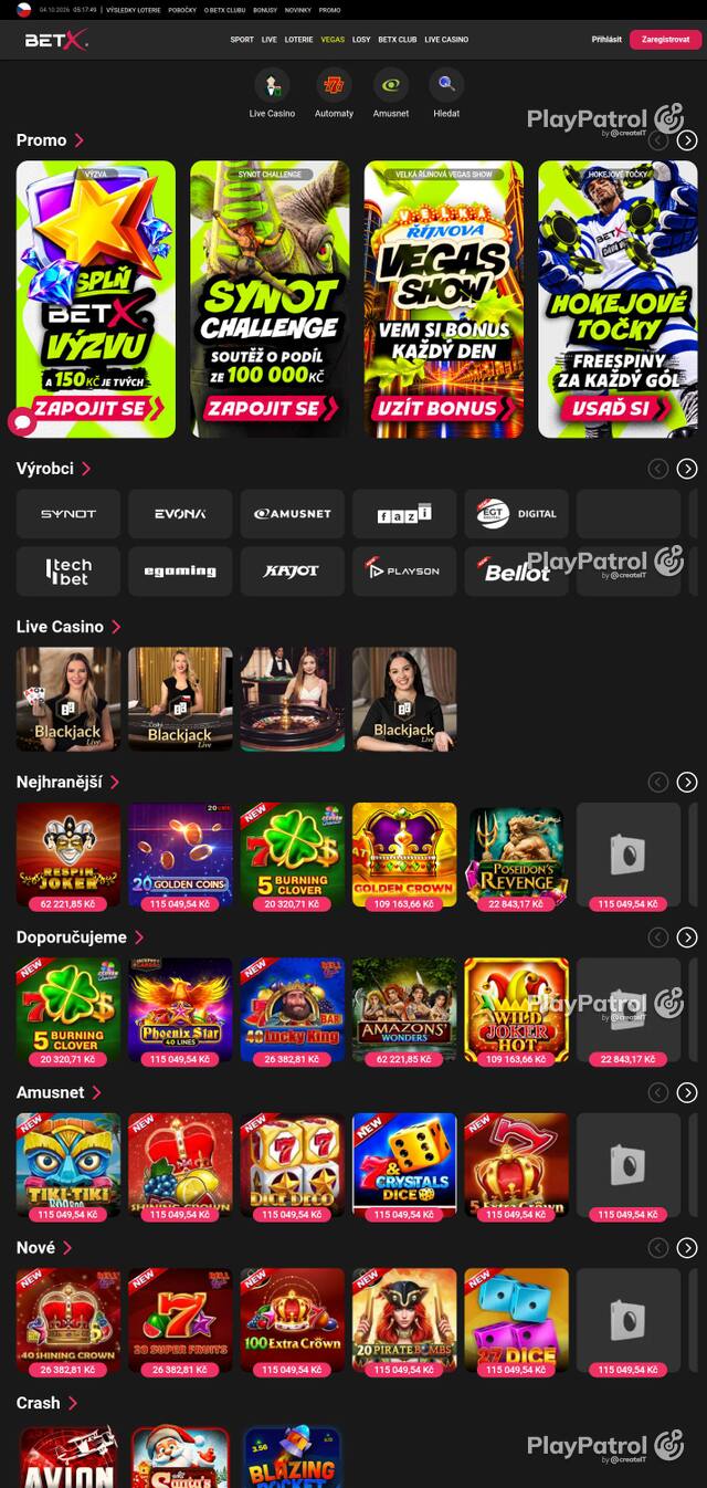 Capture of the front page of BetX (bet-x.cz) on 4 October 2026