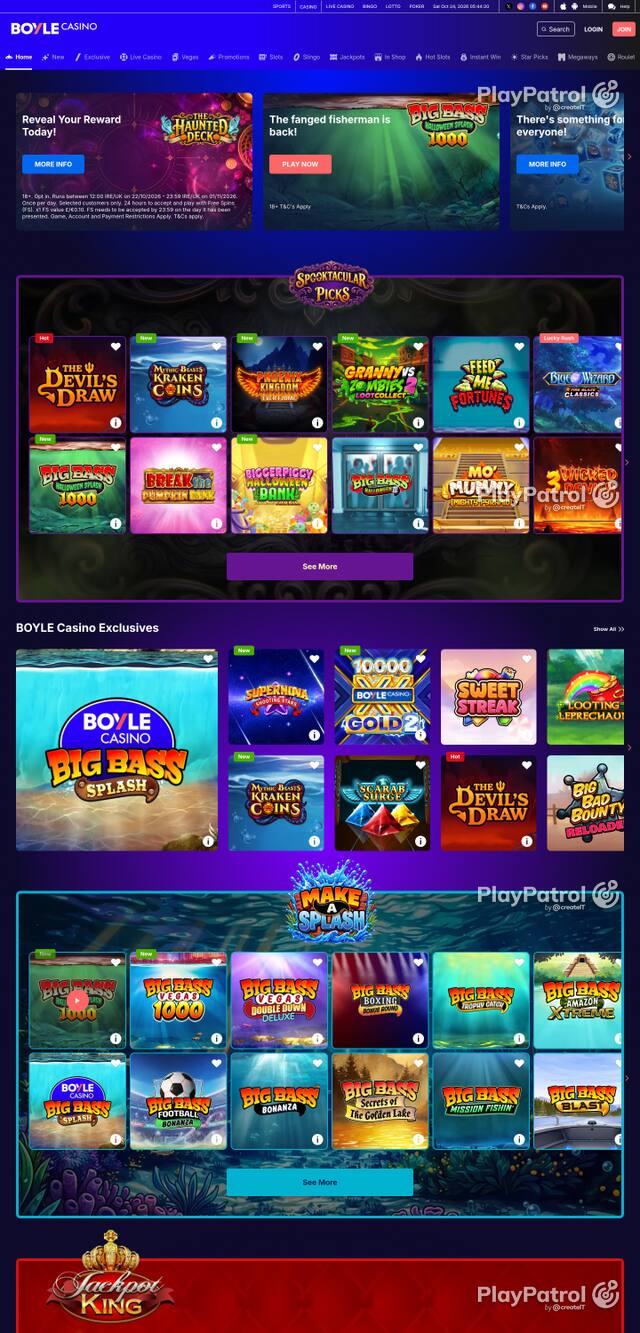 Capture of the front page of BoyleSports Casino (games.boylesports.com) on 24 October 2026