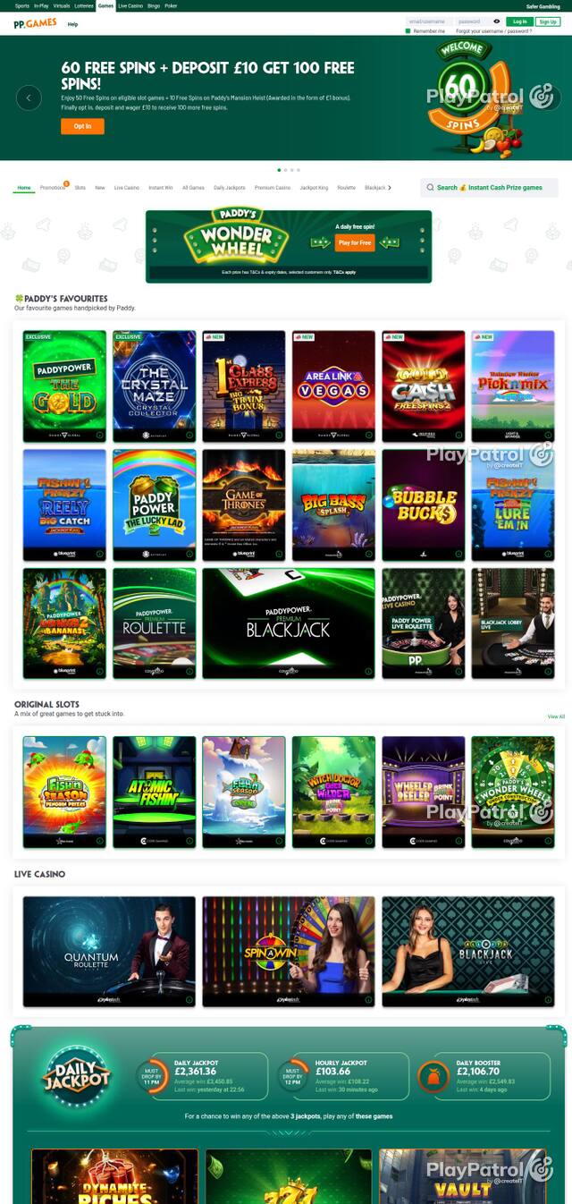 Homepage capture of Paddy Power Games recorded during the scan