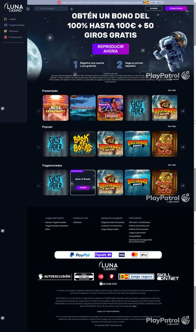 Capture of the front page of Luna Casino (lunacasino.es) on 9 October 2026