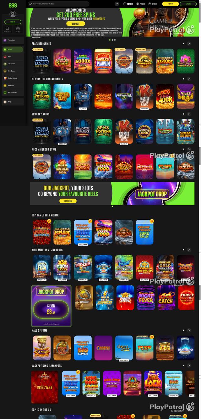 Capture of the front page of 888casino (888casino.com) on 26 October 2026