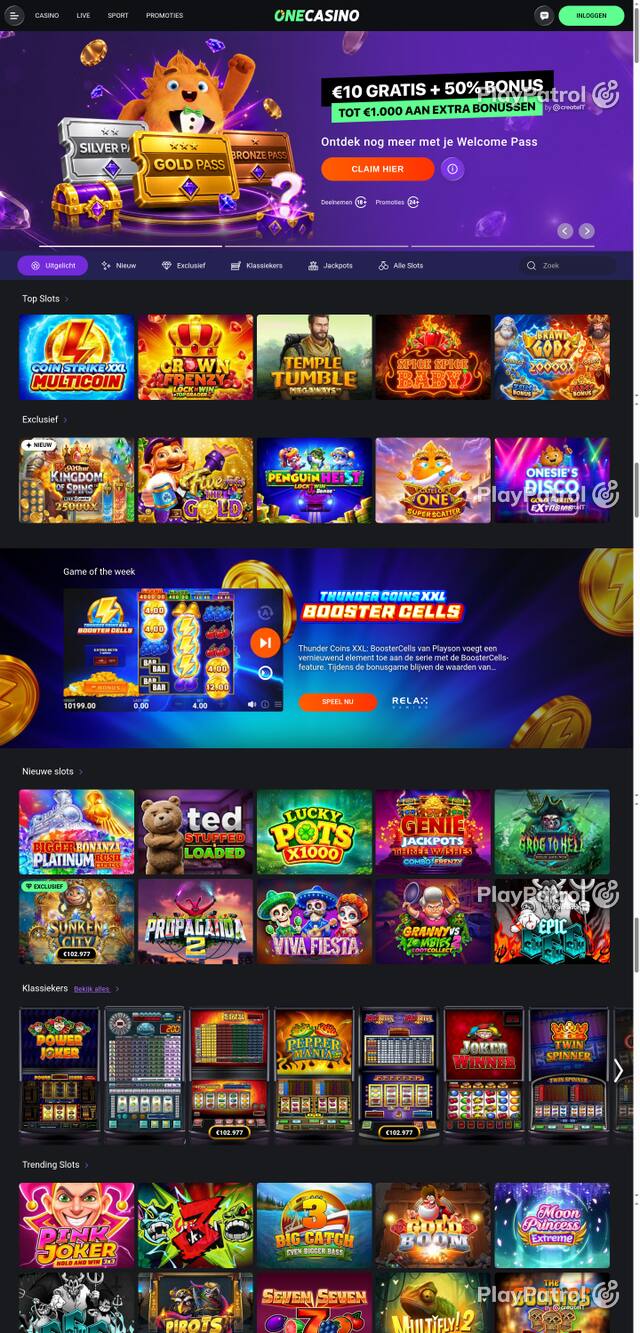 Capture of the front page of One Casino (nl.onecasino.com) on 25 October 2026