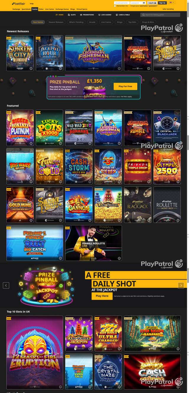 Capture of the front page of Betfair Casino (casino.betfair.com) on 27 October 2026