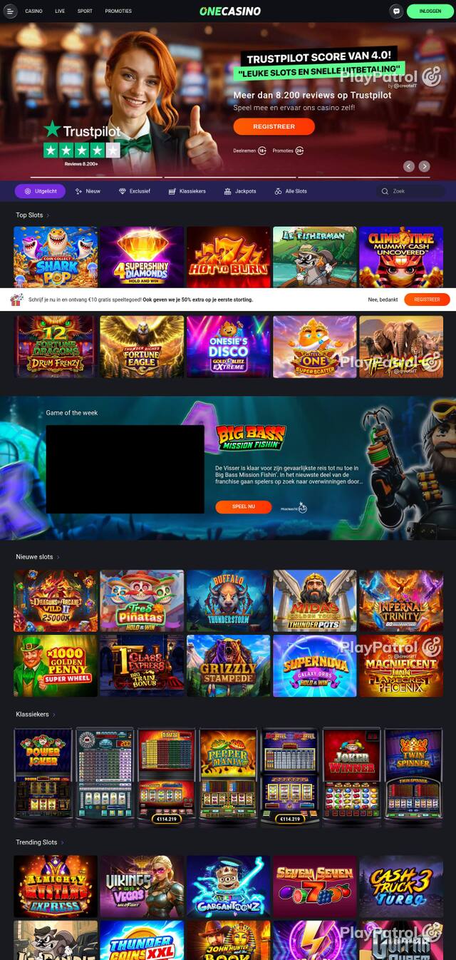 Homepage capture of One Casino recorded during the scan