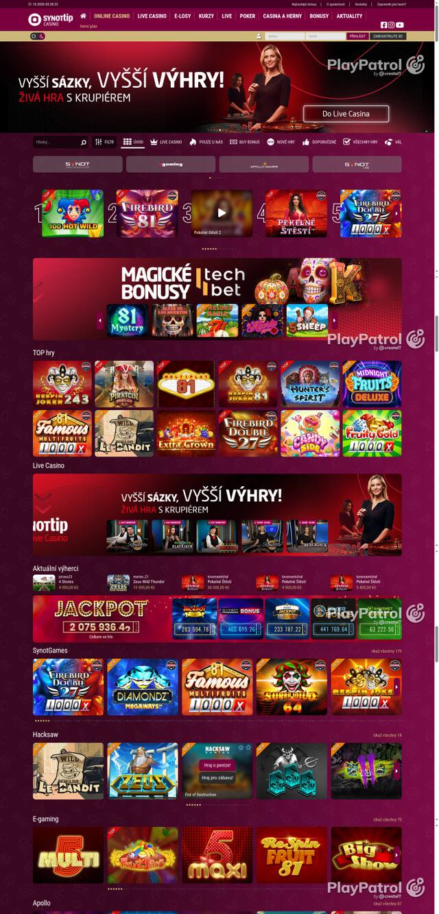 Capture of the front page of Synot Tip (casino.synottip.cz) on 21 October 2026