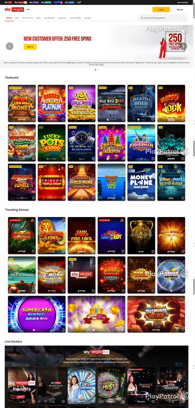 Capture of the front page of Sky Vegas (skyvegas.com) on 23 October 2026