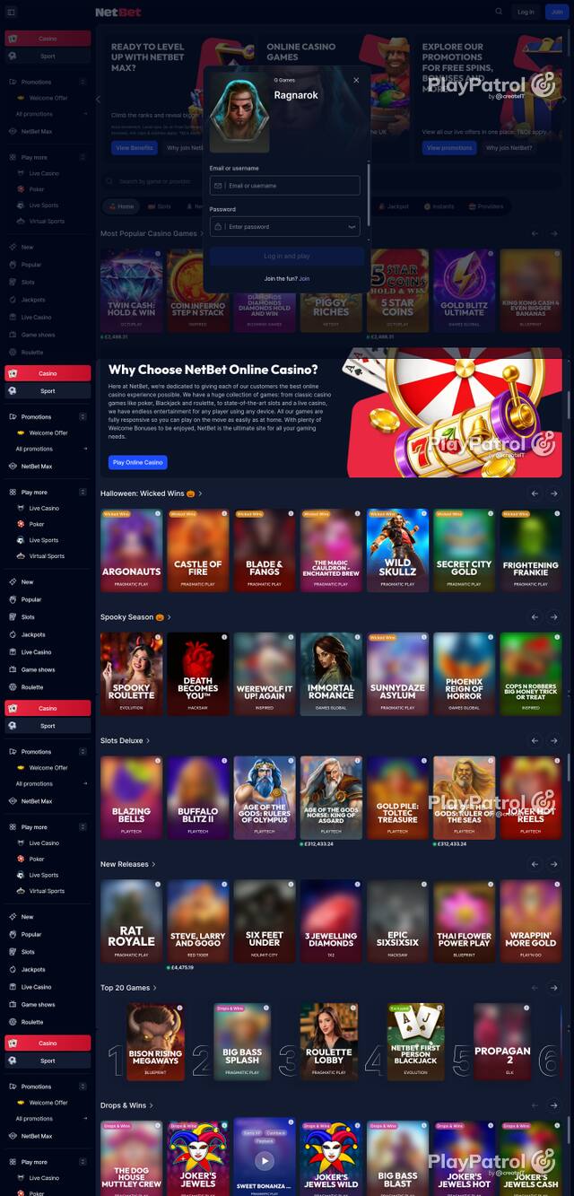 Front page of NetBet Casino as captured on 29 October 2026