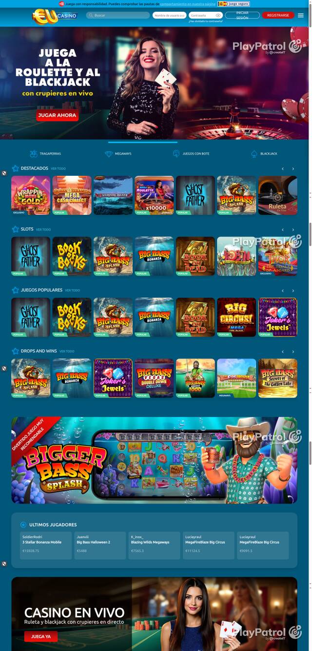 Capture of the front page of EU Casino (eucasino.es) on 10 October 2026