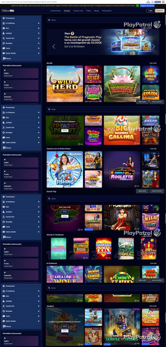 Capture of the front page of William Hill (casino.williamhill.it) on 13 October 2026