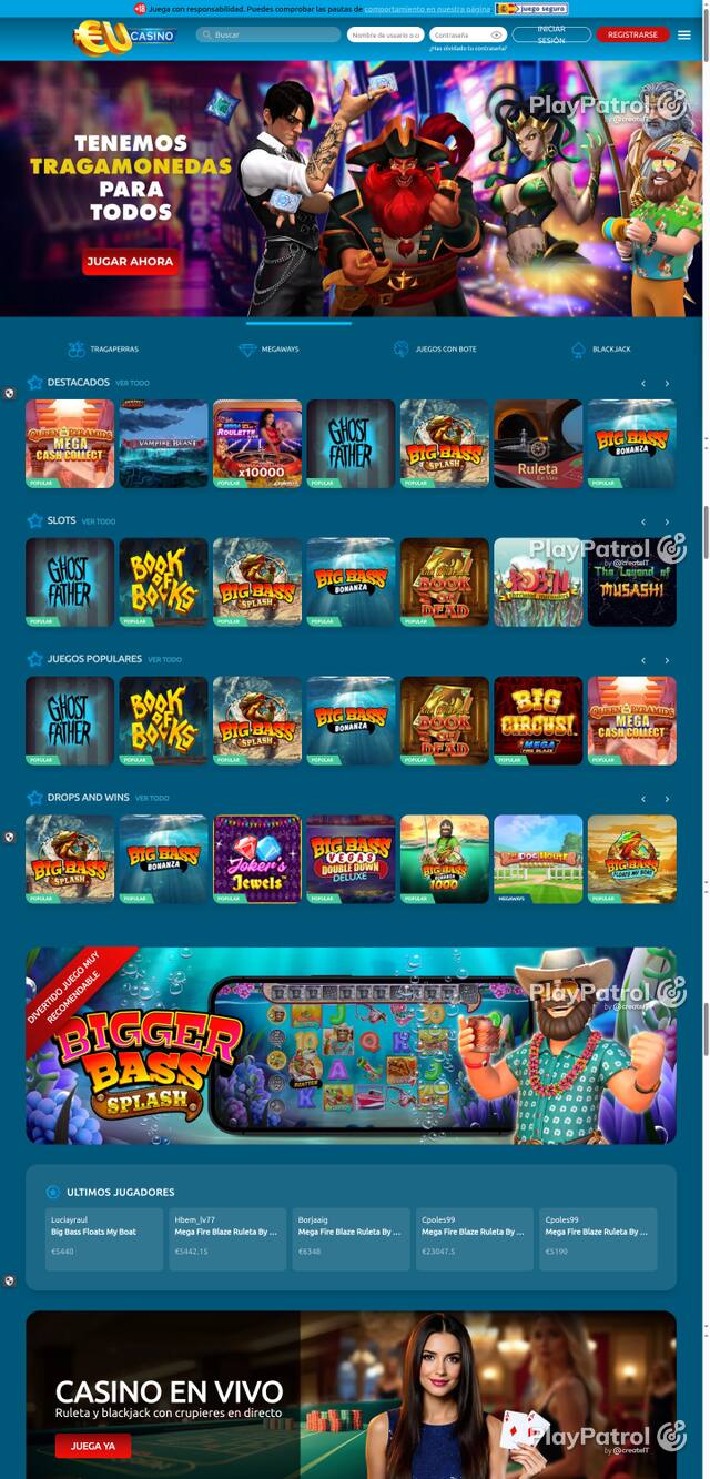 Capture of the front page of EU Casino (eucasino.es) on 9 October 2026