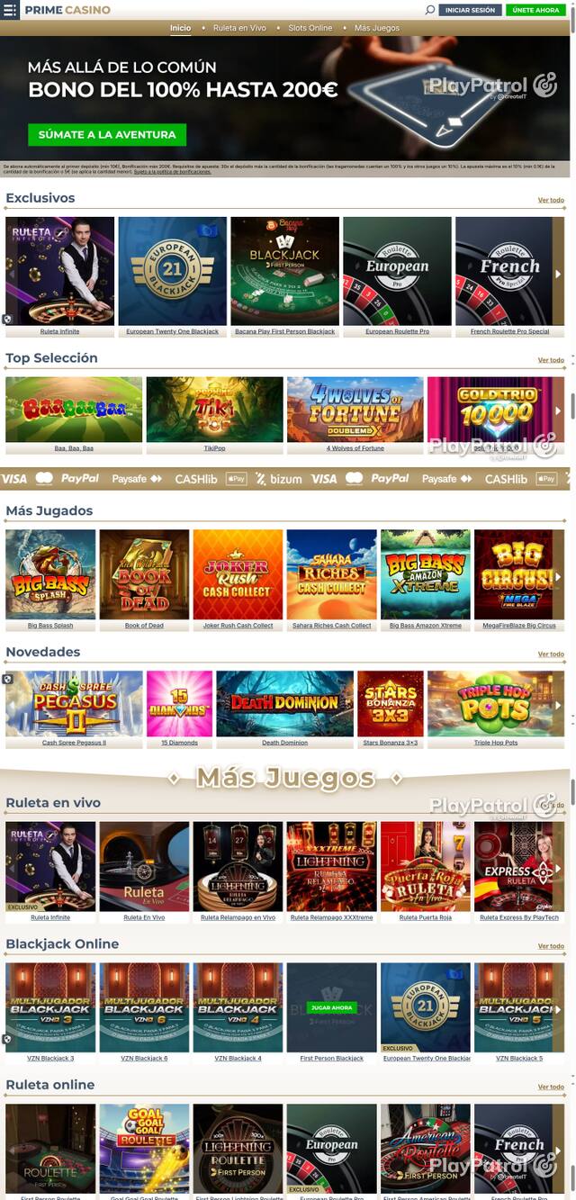 Capture of the front page of Prime Casino (primecasino.es) on 17 October 2026