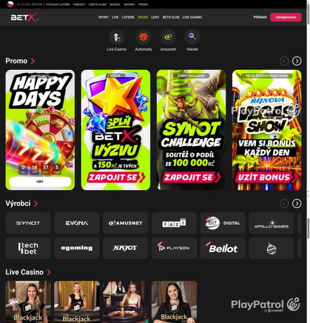 Capture of the front page of BetX (bet-x.cz) on 5 October 2026