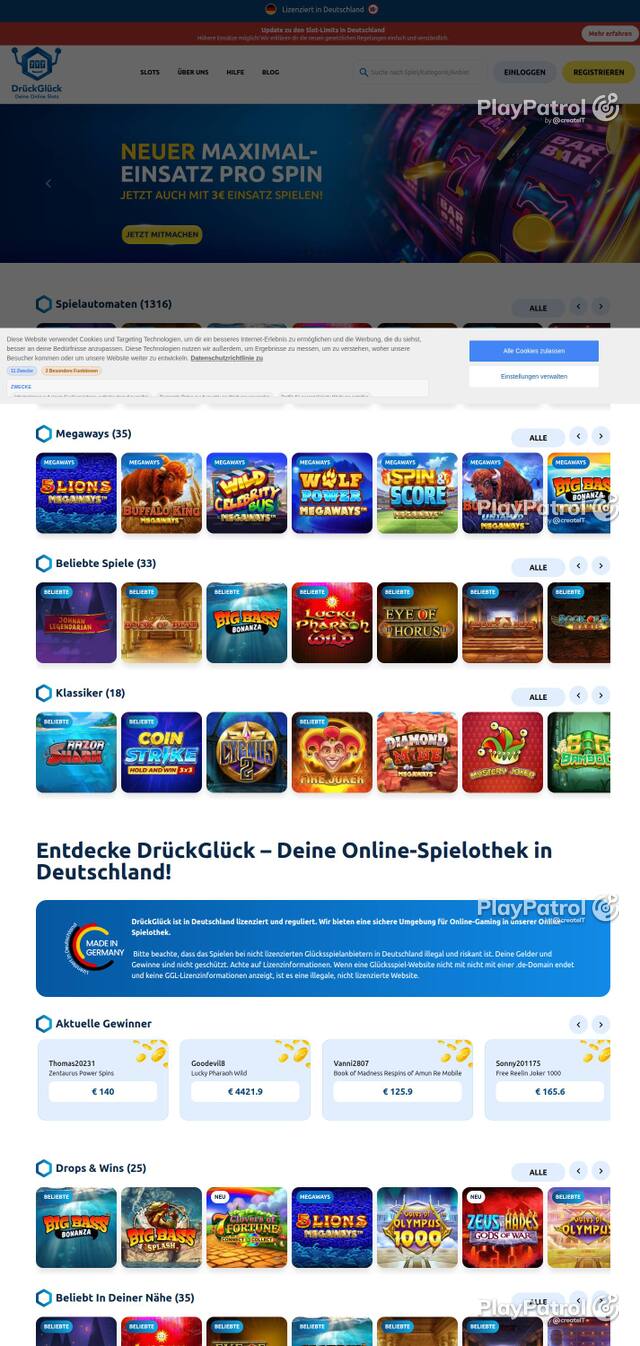 Homepage capture of DrückGlück recorded during the scan