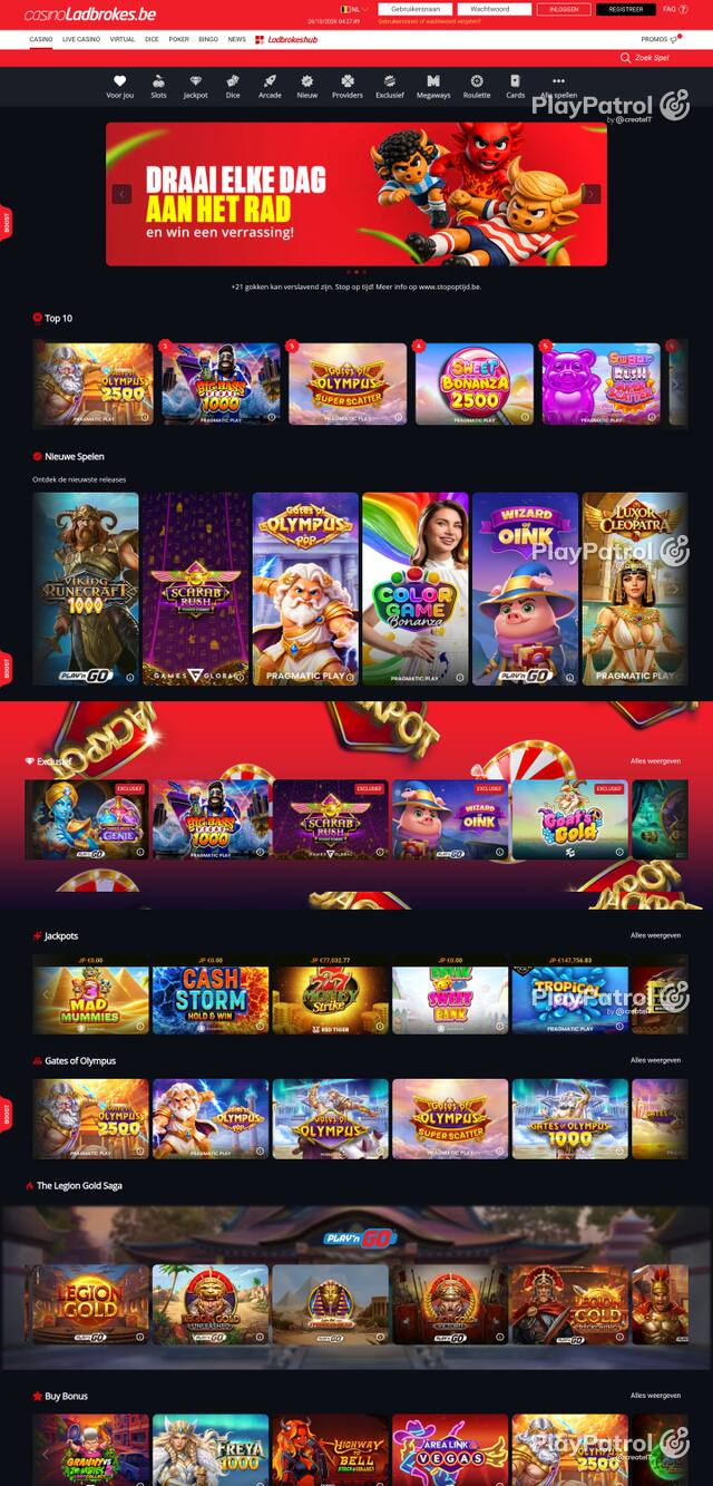 Front page of casinoladbrokes.be as captured on 26 October 2026