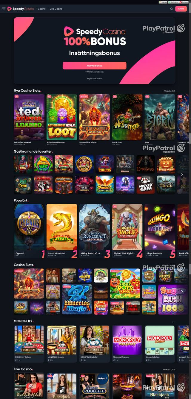 Capture of the front page of speedycasino.com (speedycasino.com) on 20 October 2026