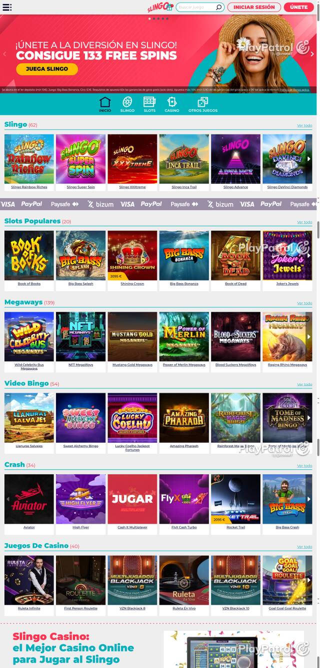 Capture of the front page of Slingo Casino (slingocasino.es) on 27 October 2026