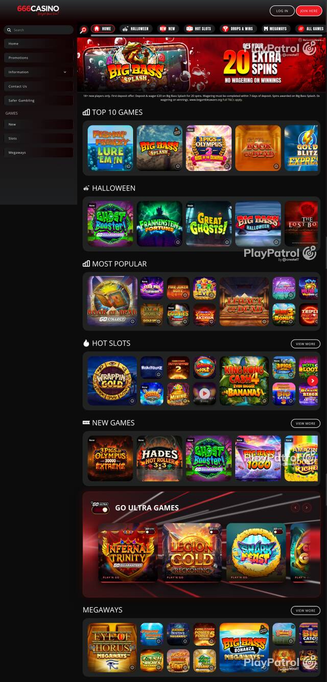 Capture of the front page of 666 Casino (666casino.com) on 16 October 2026