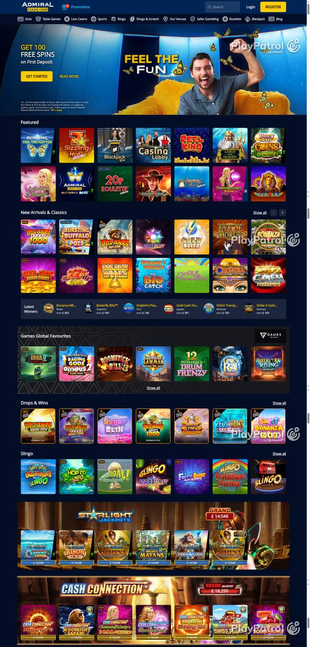 Capture of the front page of Admiral Casino (admiralcasino.co.uk) on 10 October 2026