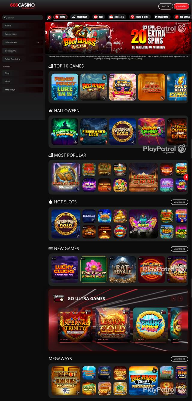Capture of the front page of 666 Casino (666casino.com) on 27 October 2026