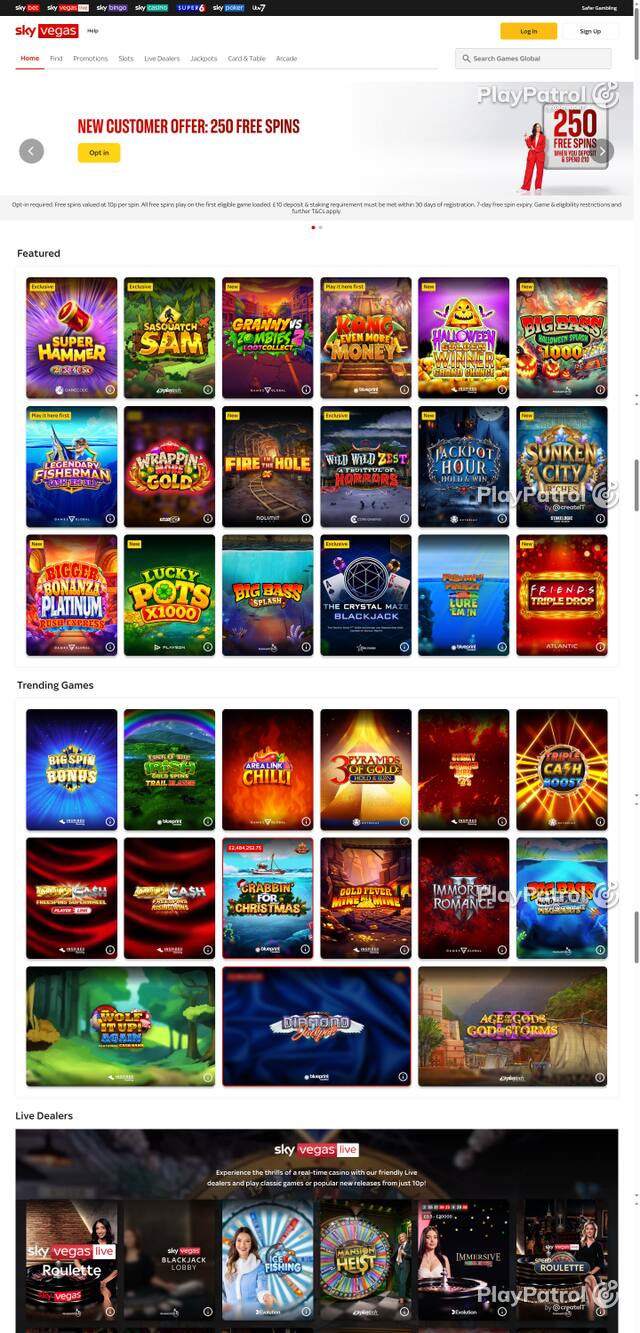 Front page of Sky Vegas as captured on 29 October 2026