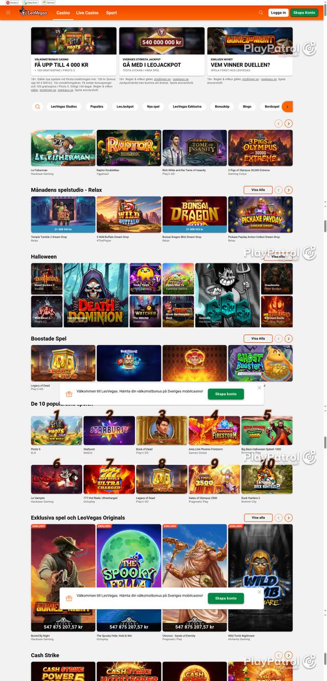 Front page of leovegas.com as captured on 29 October 2026