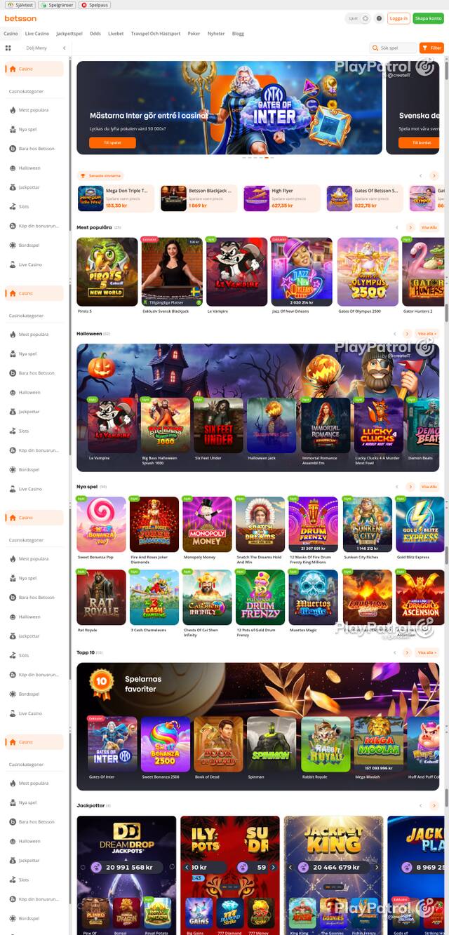 Front page of betsson.com as captured on 29 October 2026